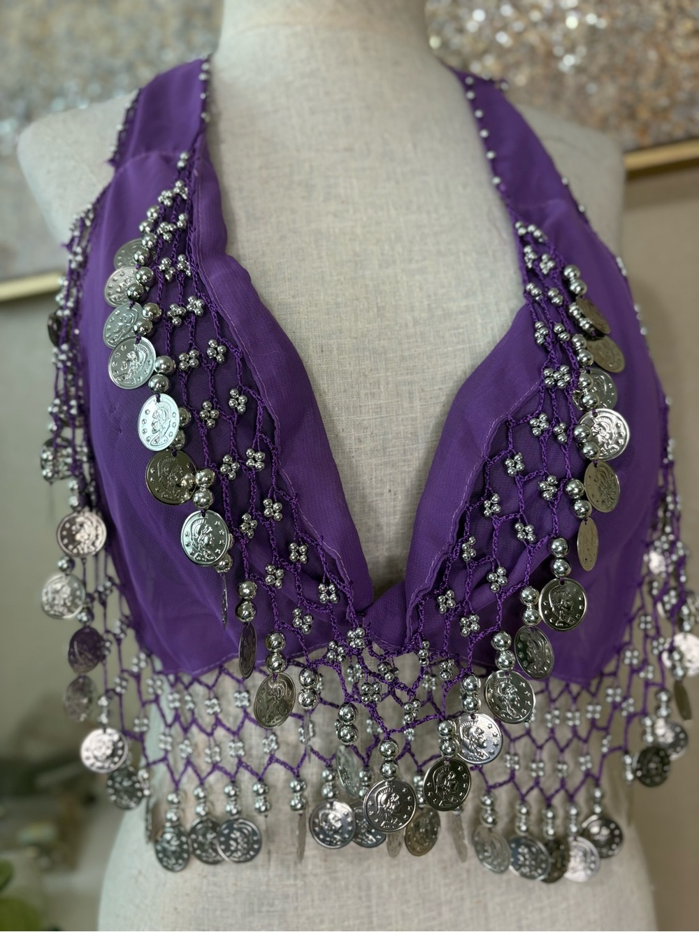 Purple Belly Dance Coin Bra Top XL Festival Rave Y2K Boho Costume Crop Top